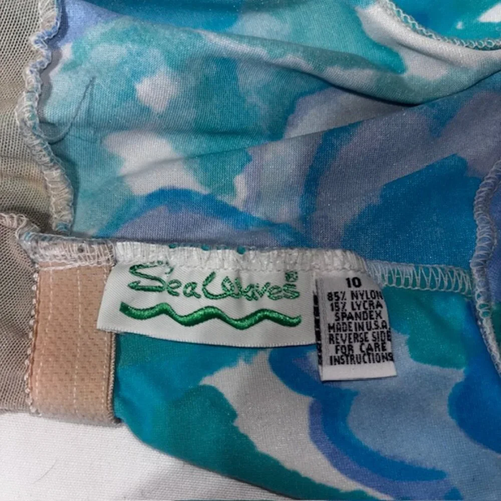 Sea Waves One Piece Swimdress Swimsuit Blue Floral Size 10 Retro Style